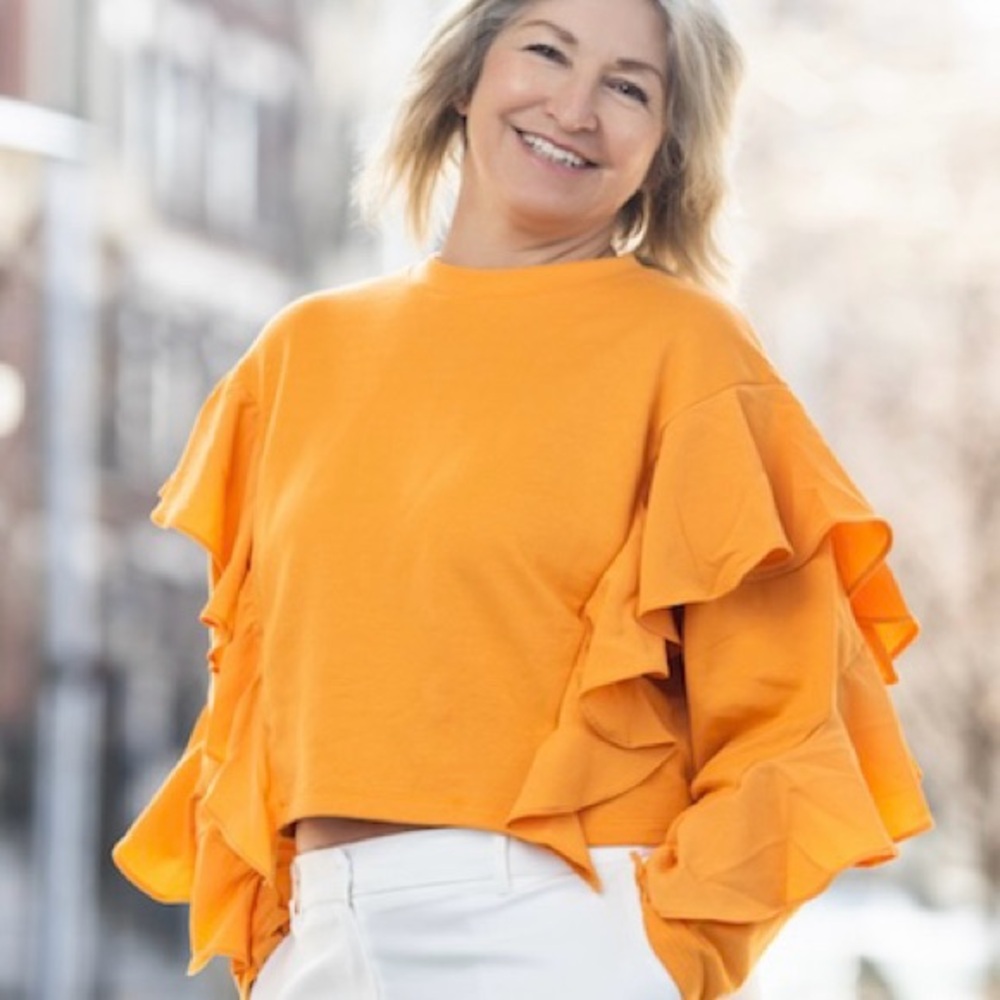 ZARA cropped ruffle 3/4 sleeve orange sweater size M